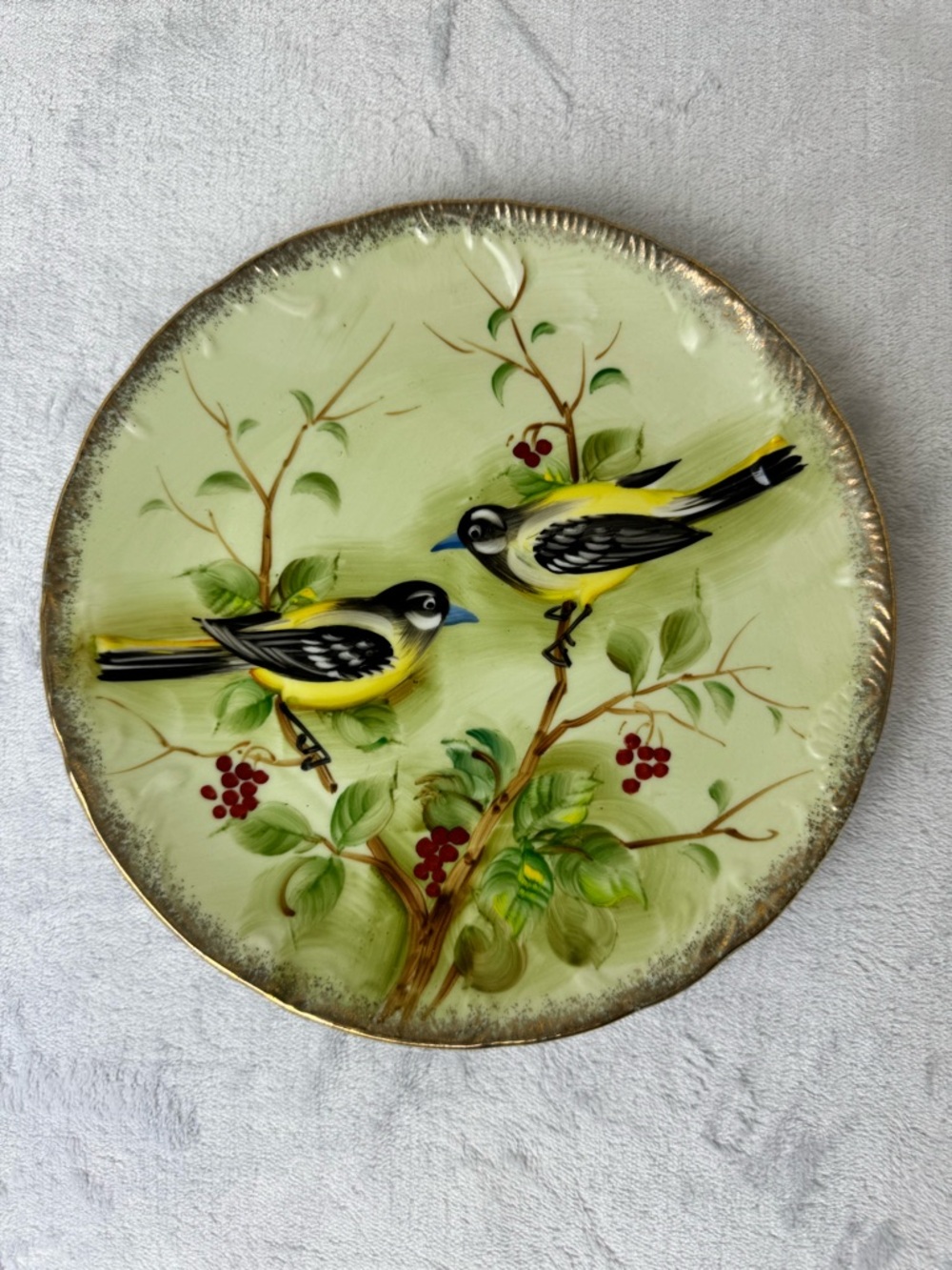 Vintage Ceramic Decorative Plate with Goldfinch birds gold trim